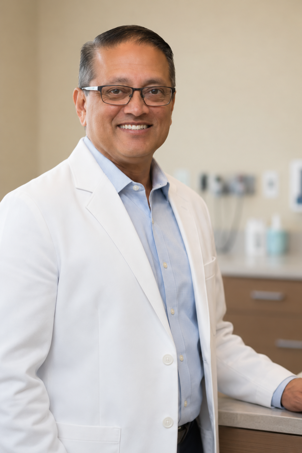 Dr. Satish Vayuvegula in a white medical coat